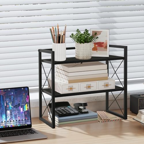 YINMIT Desktop Shelf Organizer, 2 Tier Office Shelves, Wood Desk Organizer Storage Rack and Freestanding Display Shelf for Office, Dormitory, Home(Black) - Image 2