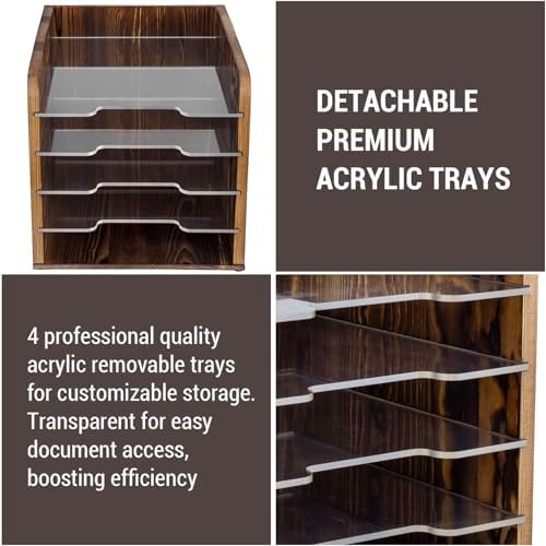 MyGift 5 Tier Deluxe Rustic Solid Wood Desktop File Letter Folder Holder Storage Bin with Removable Clear Acrylic Trays - Image 3
