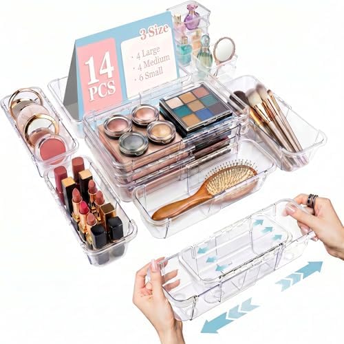 14 Pcs Expandable Clear Drawer Organizers, 3-Size Adjustable Storage Bins by Unknown