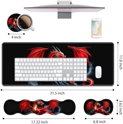 4 in 1 Ergonomic Keyboard Wrist Rest & Mouse Pad Wrist Rest Set, Large XXL Gaming Desk Mat 31.5"x 11.8" with Non-Slip Base, Memory Foam for Home Office Study Gaming, Red Dragon - Image 2