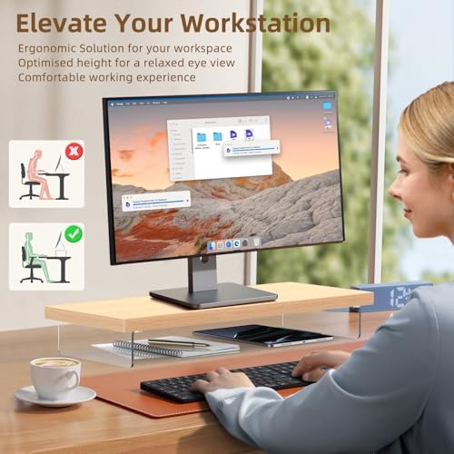 Monitor Stand Riser, 25x10 in Wood & Acrylic Computer Desk Organizer Shelf - Image 6
