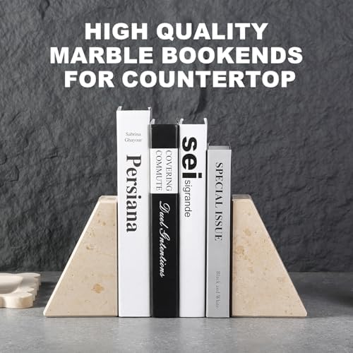 Karibiber Marble Bookends for Heavy Books, Decorative Book Ends for Shelves, Beige Stone Durable and Heavy-Duty Book Ends for Hardback Books & CDS, Unique Book Stopper & Holder, Set of 2 - Image 2