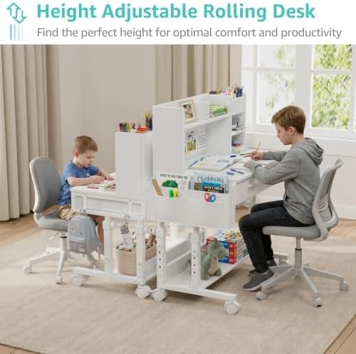 WINAZ White Kids Desk with Hutch, Height Adjustable 32" Small Study Table - Image 5