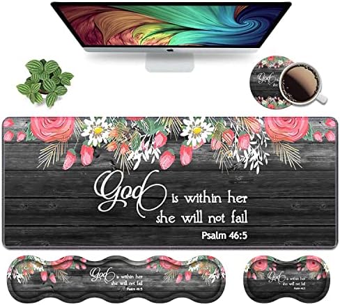 Ergonomic Keyboard Wrist Rest & Mouse Pad Wrist Rest Set,Large XXL Gaming Desk Mat 31.5"x 11.8",Non-Slip Base, Memory Foam,Easy Typing Pain Relief for Office & Home,Floral Quote Bible Verse Psalm 46:5 by Unknown
