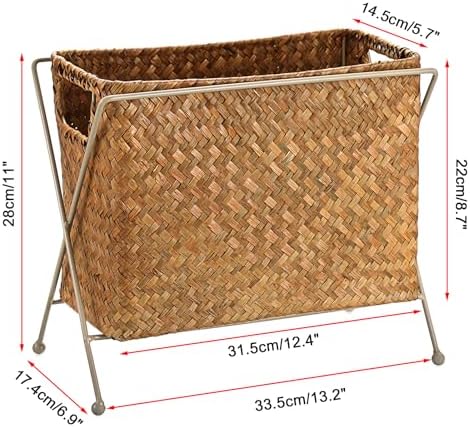 BTSKY Handwoven Magazine Holder, Natural Seagrass Magazine Basket with Metal Rack, Mail Holder Floor Organizer for Office, Living Room, Dorm, Bathroom, Woven Rattan File Basket with Handle(Caramel) - Image 3