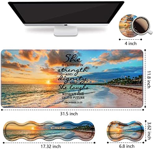 Ergonomic Keyboard Wrist Rest & Mouse Pad Wrist Rest Set, Large XXL Gaming Desk Mat 31.5"x 11.8", Non-Slip Base, Memory Foam, Easy Typing Pain Relief for Office & Home, Bible Verses Proverbs 31:25 - Image 2