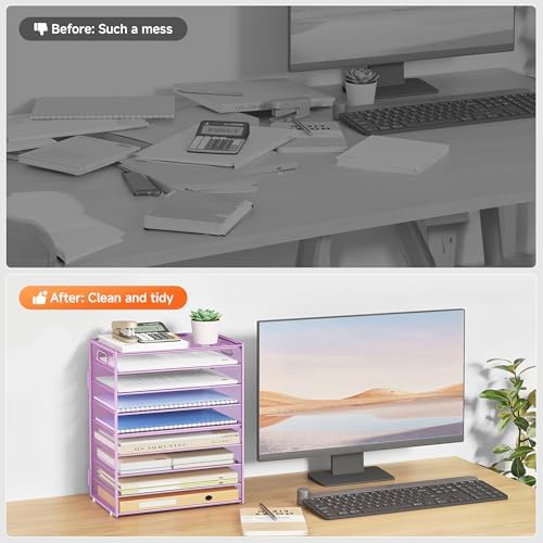 SUBEKYU 9 Tier Paper Letter Tray Desk Organizer with Handles - Purple Metal Mesh File Holder Paper Sorter Desk Organizer for Office Home School, Include 6 Pcs Adjustable Slid Tray, 6 Colors Available - Image 7