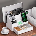 Sleek White PU Leather Charging Station with Drawer - 6-in-1 Multi-Device Desktop Organizer Docking Hub for iPad, Tablet, Laptop, Phone, Watch, Office Home Gift Idea - Image 3