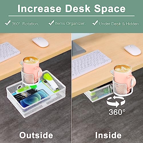 ROSYLINE Rotary Under Desk Storage Organizer with Cup Holder & Drawer Tray - Image 3