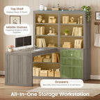 SEDETA Farmhouse L Shaped Computer Desk, 59'' Wood Office Desk with 3 Drawers and 5-Tier Bookshelf, Corner Desk with Storage Shelves and Power Outlet for Home Office Small Space, Grey - Image 3