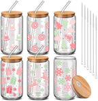 6 Pcs Christmas Glass Cup Bulk with Straw and Bamboo Lids 16 oz by RimCereal