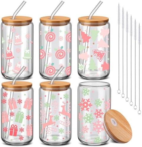 6 Pcs Christmas Glass Cup Bulk with Straw and Bamboo Lids 16 oz by RimCereal