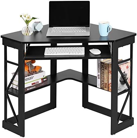 VECELO Corner Computer Desk 41 x 30 inches with Smooth Keyboard & Storage Shelves for Home Office Workstation, Black by VECELO