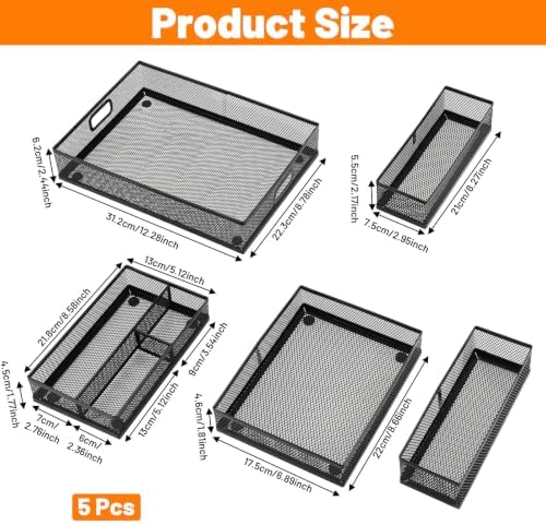 5 Pack Desk Drawer Organizer Tray Set - Stackable Metal Mesh Desk Drawer Organizers and Accessories, for Office Supplies Storage(Black) - Image 2