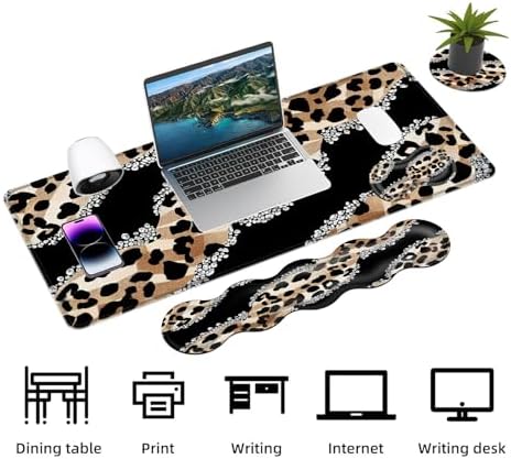 Keyboard Mouse Pad Set, Extended Gaming Mouse Pad+Ergonomics Keyboard Wrist Rest Support, Memory Foam, Easy Typing Pain Relief, 4Pcs XL Ultra Thick Desk Mat,Cute Leopard Pattern - Image 3