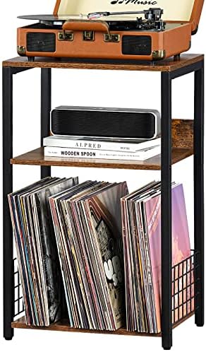 LELELINKY 3 Tier End Table,Record Player Stand with Storage Up to 100 Albums,Turntable Stand for Vinyl,Brown Records Shelf for Living Room Bedroom by LELELINKY