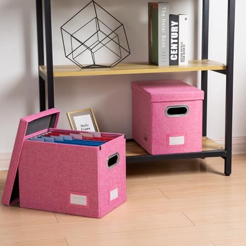 PRANDOM File Organizer Box - Set of 4 Collapsible Decorative Linen Filing Storage Hanging File Folders with Lids Office Cabinet Letter Size Pink (14x9.3x10.8 inch) - Image 3