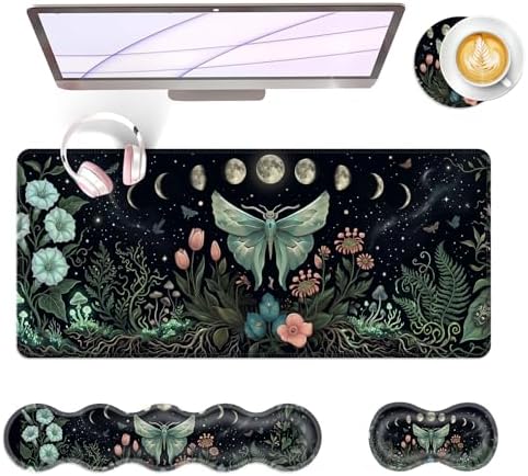 Large Keyboard Mouse Pad Set, Extended Mouse Pad+Keyboard Wrist Rest Support, Memory Foam Ergonomic Easy Typing, 4Pcs (31.5×11.8 in) Desk Pad Set for Office Home,Butterfly Moon Flower by Unknown