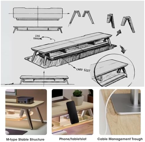 Fenge Dual Monitor Stand Riser with Phone & Tablet Slot, Oak - Image 4