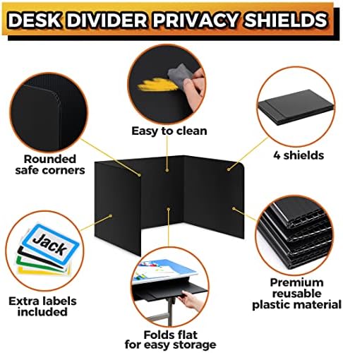 4-Pack Desk Dividers for Students - Durable & Waterproof Plastic Study Carrel Divider, Classroom Folders Teacher Supplies, Easy-to-Clean Plastic Privacy Shield Folder Boards for Student Desks, Black - Image 3
