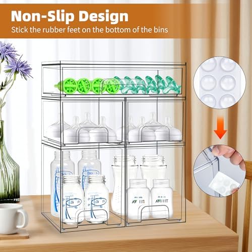 Baby Bottle Organizer, 5 Pack Stackable Storage Drawers with Labels, Clear Station Organizers Container for Pacifiers, Pump Parts, Desk Organizer Bins for Bathroom, Cabinet, Pantry, Vanity, Countertop - Image 6