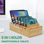 Bamboo Charging Station for Multiple Devices, Desk Docking Stations Organizer Compatible with iPhone Devices, Wood Charging Cell Phone Holder Stand (Includes 6 Cables) (NO Power Supply) - Image 2