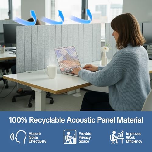 48" Desktop Privacy Screen - Sound Absorbing Felt Panel, Clamp-On Foldable Office Divider for Desk, Silver Gray - Image 5