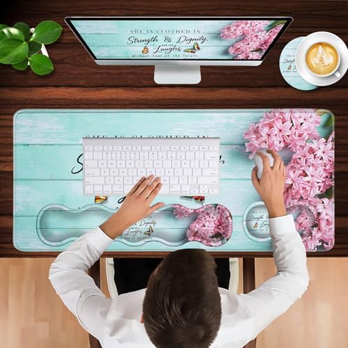Keyboard Wrist Rest and Mouse Pad with Wrist Support Set Ergonomic Coaster,Memory Foam,Easy Typing Pain Relief,Large XL Desk Mat 31.5"x 11.8",Pink Hyacinth Bible Verse Proverbs 31-25 - Image 4