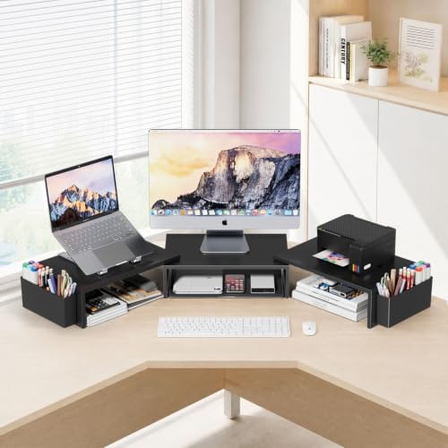 AUPSEN Dual Monitor Stand Riser with 2 Pen Holders, Desk Organizer, Black - Image 2