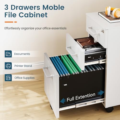 MIIIKO White Filing Cabinet 3 Drawers Under Desk, Metal File Cabinet with Lock for Home Office, Small Mobile File Cabinet for Letter Legal File Folders（Un-Assembled） - Image 5