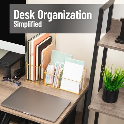Mind Reader 4-Compartment Glass Desktop Organizer with Copper Trim, Angled Design for Office Supplies, Makeup & Accessories, Glass and Copper, Clear - Image 2