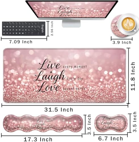 Keyboard Wrist Rest and Mouse Pad with Wrist Support Set Ergonomic Coaster,Memory Foam,Easy Typing Pain Relief,Large XL Desk Mat 31.5"x 11.8",Rose Gold Glitter Quote Live Laugh Love - Image 2