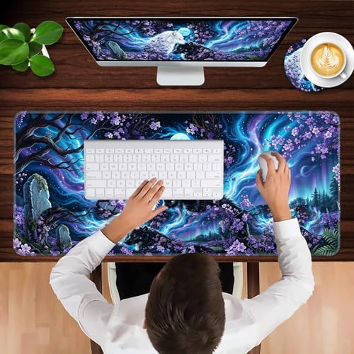 Keyboard Wrist Rest and Mouse Pad with Wrist Support Set Ergonomic Coaster,Memory Foam,Easy Typing Pain Relief,Large XL Desk Mat 31.5"x 11.8",Wolf Moon - Image 4