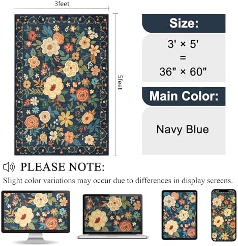 DUKINO 3x5 Area Rug, Floral Washable Rug for Bedroom Non Slip, Navy Blue - Image 2