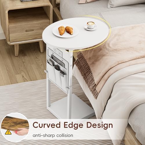 Vagusicc C Shaped End Table with Charging Station, 32" Tall Side Table for Couch and Recliner, Adjustable Height Small Couch Side Table Slide Under Sofa TV Tray Table for Living Room, Bedroom, White - Image 4