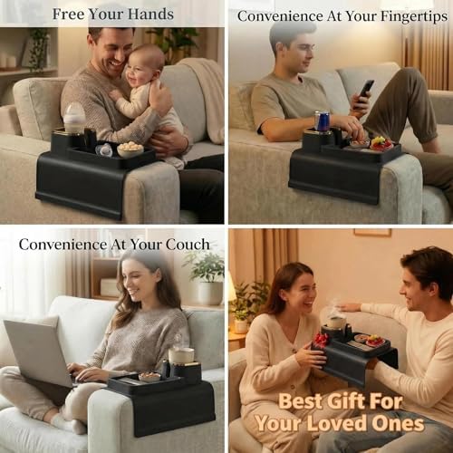 Luxury Gold Trim Couch Cup Holder Tray - Weighted Anti-Spill Midnight Black Silicone Sofa Armrest Organizer, Non-Slip Recliner Tray Table for Drinks, Remote, Phone - Fits Most Couch Arms - Image 5