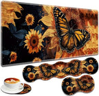 Large Gaming Mouse Pad + Keyboard Wrist Rest + Wrist Support + Coaster Set, Memory Foam Ergonomic for Easy Typing, XXL Extended Gaming Mouse Pad Table Pad - Sunflower and Butterfly by VSHSEEOM