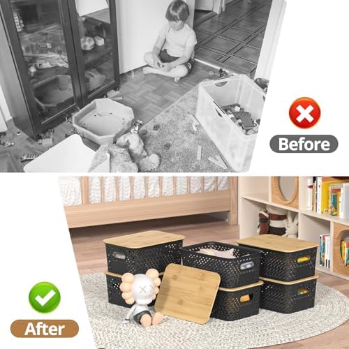 Plastic Storage Bins with Bamboo Lids, Stackable Small Box Baskets for Organizing and Containers for Shelves Drawers Desktop Closet Pantry Classroom Office Home, 6 Pack 10.2x7.2x4.1 Inch, Black - Image 4