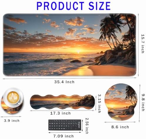 Mouse Pad,Large Pink Desk Mat, 4in1 XXL Mousepad + Keyboard Wrist Rest+Mouse Wrist Rest+Coaster Set with Ergonomic Desk Pad for Home Office Table Computer-Sunset Beach - Image 2