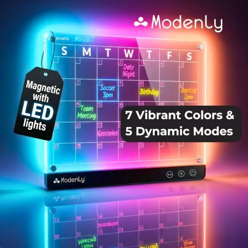 Magnetic LED Monthly Planner - Rechargeable 14x10" Acrylic Dry Erase Calendar for Fridge or Desk - Light-Up Illuminated Whiteboard with 7 LED Colors and Markers - Image 2