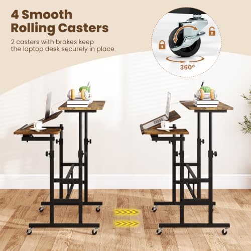 GIANTEX Mobile Standing Desk, Adjustable Rolling Computer Desk (Brown) - Image 6