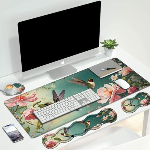 4 in 1 Ergonomic Keyboard Wrist Rest & Mouse Pad Wrist Rest Set, Large XXL Gaming Desk Mat 31.5"x 11.8" with Non-Slip Base, Memory Foam for Home Office Study Gaming, Hummingbird Flowers - Image 7