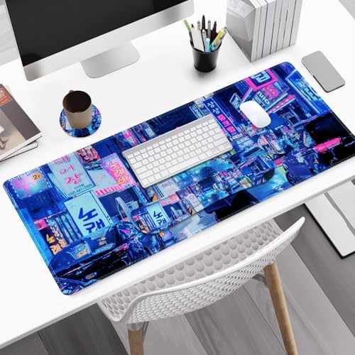 Large Gaming Mouse Pad Set, 4 in 1 Extended Keyboard Desk Mat with Wrist Rest, Computer Game Mousepad, Non-Slip Desk Pad Protector Easy Typing Pain Relief for Home Office I Anime Neon Street - Image 2