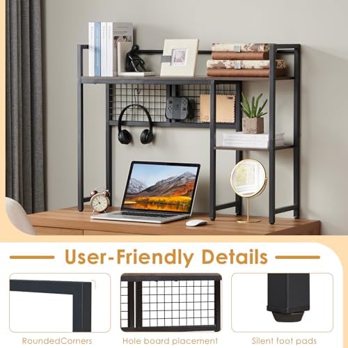 4-Tier Desk Hutch Shelf with Grid Panel, 39” Desktop Bookshelf for Monitor, Office & Home (Rustic Brown, 39") - Image 5