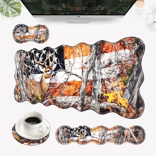 Desk Mat, Mouse Pad with Wrist Rest, 4-in-1 Large Mouse Pads for Desk, Ergonomic Mouse Pad and Keyboard Wrist Rest Gaming Keyboard Mat for Office,Deer Tree Forest American Flag by EFGWSDER