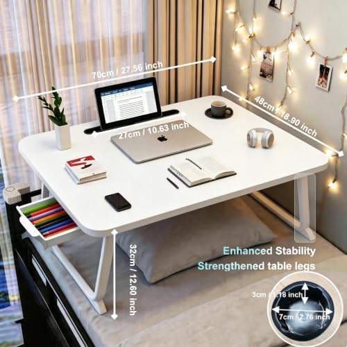 27.6" Home Office Folding Lap Desk with Drawer, Tablet Slot, Cup Holder - Fits up to 18 Inch Laptops, Bed Desk for Reading, Writing, Eating, Portable Laptop Table for Sofa, Coach, Floor (White) - Image 2