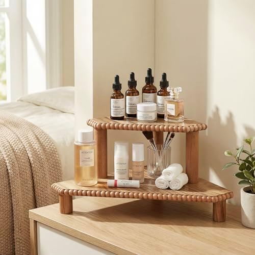 2-Tier Rustic Corner Shelf for Kitchen Counter,Wood Beaded Farmhouse Countertop Organizer with Removable Feet, Stackable Bathroom Vanity & Coffee Bar Decorative Riser Stand(Rustic Brown) - Image 2