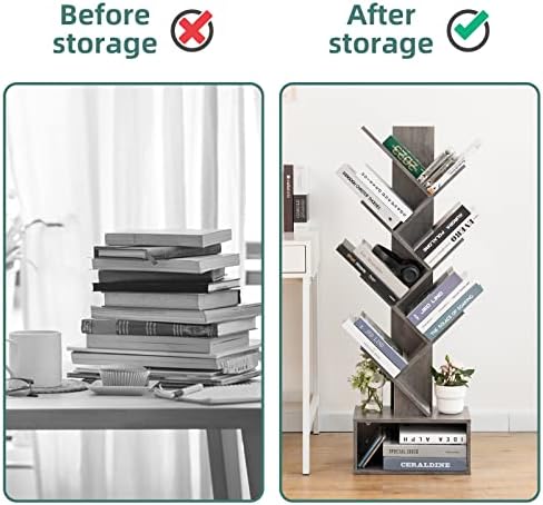Yoobure Tree Bookshelf - 6 Shelf Retro Floor Standing Bookcase, Tall Wood Book Storage Rack for CDs/Movies/Books, Utility Book Organizer Shelves for Bedroom, Living Room, Home Office, Grey - Image 6