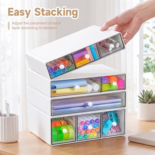 Desk Organizer with 9 Drawers, 4 Tiers Stackable Storage Drawers, Desktop Storage Box with Clear Drawers for Stationery, Makeup, Jewelry, Office and Craft Supplies (White) - Image 2