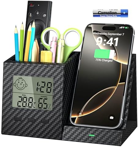 Desk Organizer with Wireless Charger, Digital Clock, Thermometer & Hygrometer - Multi-Functional Pencil Holder, Office Desk Accessories Storage Caddy for Home, Office, Men, Women (Battery Included) by wirelessfuturecharger